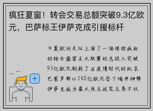 疯狂夏窗！转会交易总额突破9.3亿欧元，巴萨标王伊萨克成引援标杆